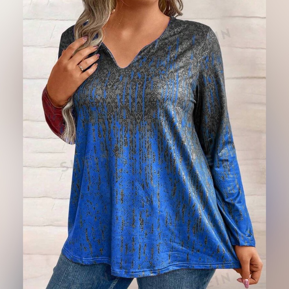 Plus Size Women's Color Blocking Long Sleeve Casual T-Shirt SZ 4 xl blue/gray